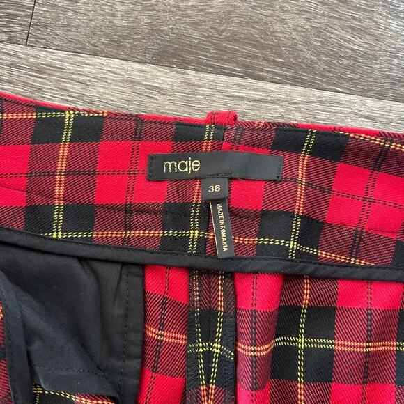 EUC Maje Red Pantya Velvet Piped Plaid Pants Tartan Cropped Check Slim Trouser - Picture 10 of 16
